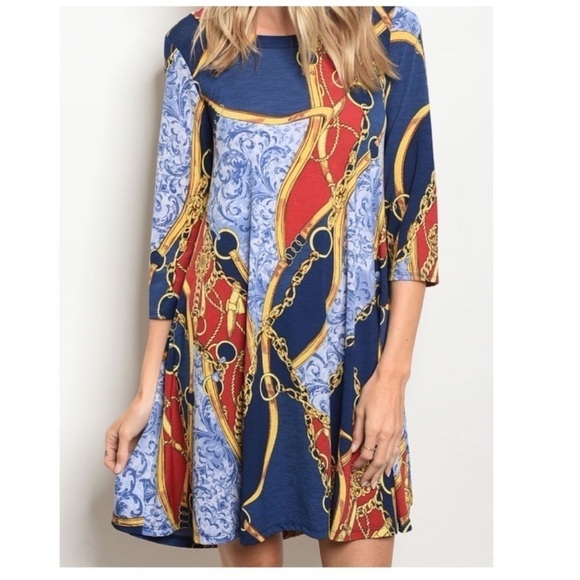 3/4 Sleeves Navy /Red Printed Dress NEW - Picture 2 of 3